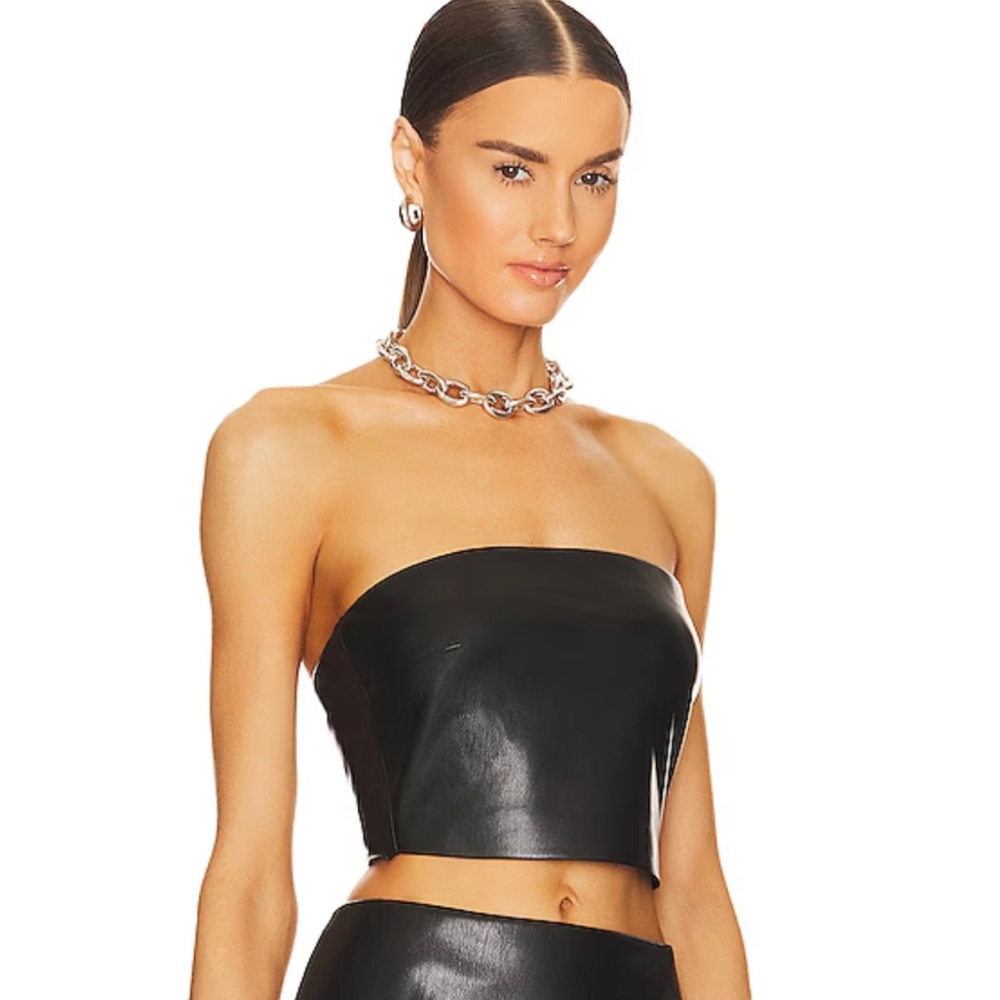 The Andamane Black Leather Strapless Crop Top